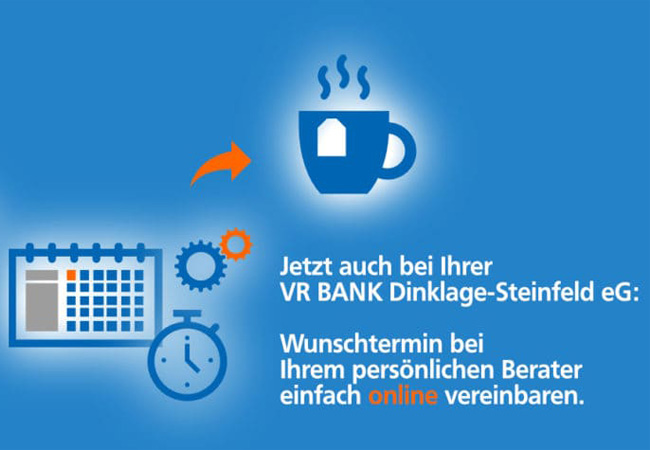 Wunschtermin in der Bank direkt online vereinbaren – ab jetzt auch in der VR BANK Dinklage-Steinfeld eG möglich